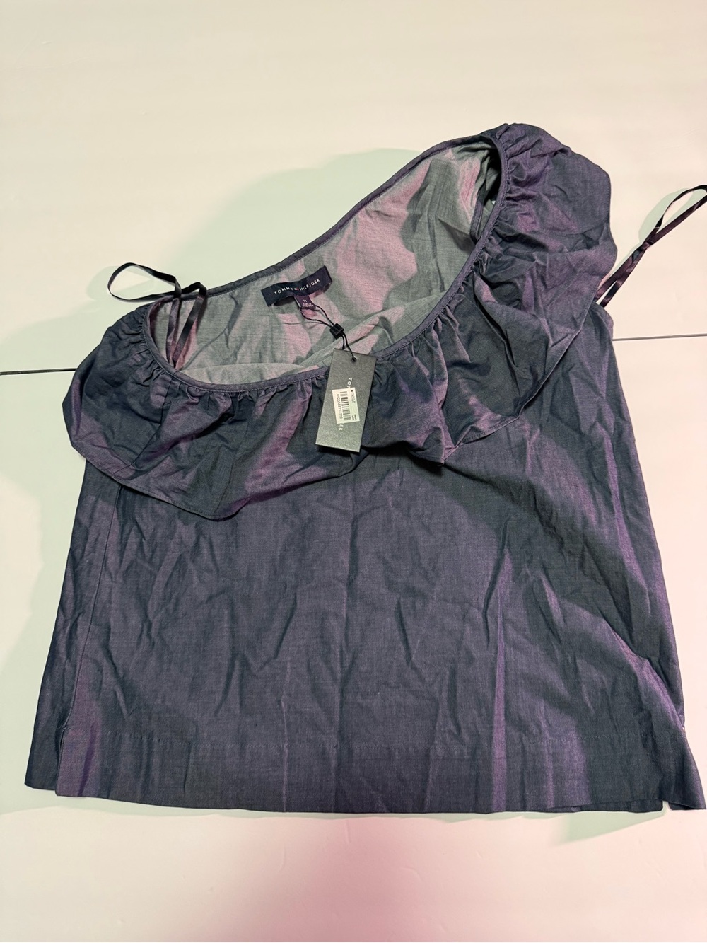 Tommy Hilfiger One Shoulder Chambray Ruffle Top